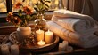 Clean cotton towels, neatly folded, and candles. Theme of relaxation and aromatherapy.