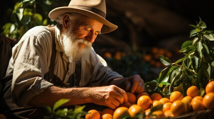 Wall Mural - A farmer in a straw hat collects bright orange fruits in his garden.