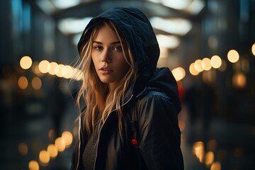 Portrait of a beautiful woman with city lights blurred in the background