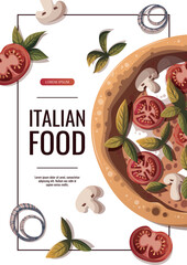 Wall Mural - Flyer design with Pizza Margherita with tomatos and mozzarella. Italian cuisine, healthy food, cooking, restaurant menu, eating, recipes concept. Vector illustration for banner, promo, sale.