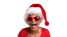 Close Up Portrait Of Mature Black Woman Wearing Santa Claus Hat During Christmas. Transparent Background Or PNG File. Generated By AI 