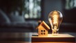 Light bulb with wood house on the table, a symbol for construction, Creative light bulb idea, power energy or business idea concept ecology, loan, mortgage, property or home.