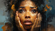 © Julia Zarubina - upset black young woman grieving and covering her mouth with her hands, depression, fear, anxiety, grief, sadness, african american girl, portrait, emotional face, expression, graffiti illustration