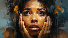 Upset Black Young Woman Grieving And Covering Her Mouth With Her Hands, Depression, Fear, Anxiety, Grief, Sadness, African American Girl, Portrait, Emotional Face, Expression, Graffiti Illustration