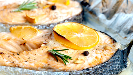 Wall Mural - salmon steaks with spices are being prepared