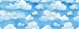 Seamless cute puffy clouds watercolor, crayon childrens drawing background. Playful nursery wallpaper happy summer sky repeat pattern. Imagination and creativity concept backdrop