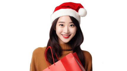 Wall Mural - Cheerful asian woman with Christmas hat. Transparent background or PNG file. Generated by AI