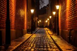 Fototapeta Fototapeta uliczki - Vacant, slender alley flanked by weathered brick walls, gently illuminated by vintage lamppost, Street photography concept 