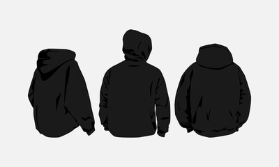 set of three hoodies in black color. back view. flat vector illustration style.