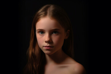 Wall Mural - Studio portrait of a young cute girl in a low key on a black background