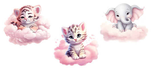 Wall Mural - Pastel pink watercolor cute baby animals sleeping on cloud. 