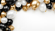 Golden, White, Black Balloons, Christmas Background, Copy Space, Wedding Invitation, Birthday Invitation 