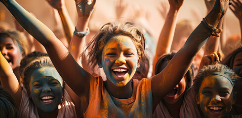 Poster - people clebrating holi, festival of colors in india