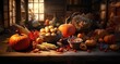 Autumnal fruits and vegetables on a kitchen table