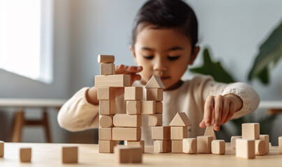 Wall Mural - Kid playing with colorful wooden toy blocks. Little boy or girl building tower of block toys. Educational and creative toys and games for young children. Baby in white bedroom Copy space