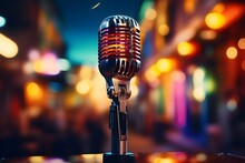 Retro Microphone On Stage With Bokeh Background. Music Concept
