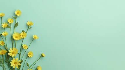 Green grass and yellow flowers on light green background minimal top view flat lay with top copy space