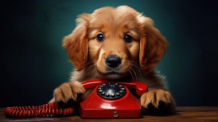 Gold puppy holds a red telephone