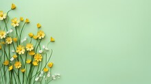 Green Grass And Yellow Flowers On Light Green Background Minimal Top View Flat Lay With Top Copy Space