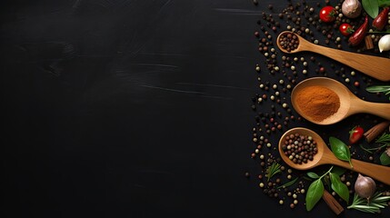 Aufkleber - Cooking concept with wooden spoon and knife surrounded by ingredients on a dark background Top view copy space available