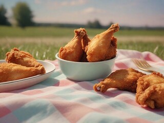 Wall Mural - Fried chicken served on a pastel picnic blanket with space for text, background image, AI generated