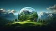 Fantasy island floats with Earth globe trees mountains on grass surface Ad for creative travel and holidays