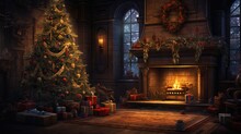 Dark Night Filled With Magic As Gifts Surround A Glowing Christmas Tree By The Fireplace