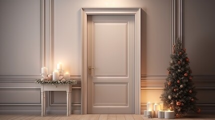 Wall Mural - Decorated door and Christmas gifts create a stylish hallway Space for text included