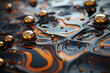 close up of liquid gold drops on a dark liquid metal surface