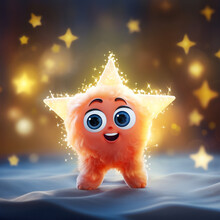Illustration Of A Cute And Funny Star With Eyes And A Smile, Blurred And Bokeh Festive Background.