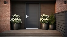 Grey Modern Garage Door Two Large Flower Pots Cascading Flowers Brown Wooden Stairs Black Panel Door Grey Brick Exterior Wall