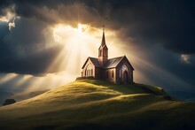 Church On The Hill In Stormy Weather Illuminated With Godly Light. AI Generated.