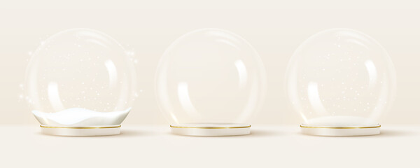 Set of transparent snow globes with snow, isolated.	