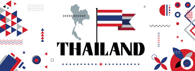 Flag and map of Thailand national or Independence day design for thai celebration. Modern retro design with abstract geometric  icons. Vector illustration.