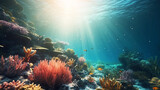 Fototapeta Do akwarium - underwater  As sunlight filters down from the surface, it illuminates the underwater world, 
Fishes tropical And Sunshine, Amongst the coral, curious sea creatures such as clownfish and seahorses