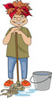 Cartoon of housekeeper leaning on her mop