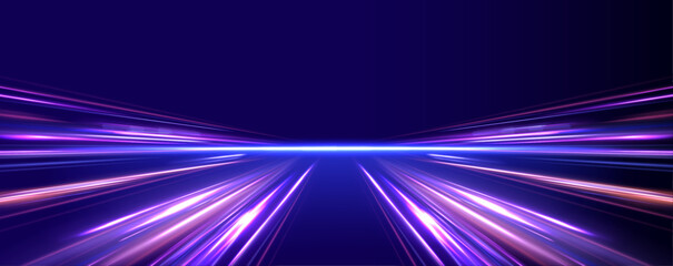 Poster - Horizontal night road in the form of a panorama with neon lights. Car motion trails. Speed line motion vector background.