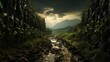 A tranquil stream winds its way through a breathtaking landscape, surrounded by billowing clouds and lush plants, as it leads to the majestic mountains and hidden valleys of the ravine