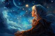 © juliars - Vast Astronomer starry sky night old woman. Star science. Generate Ai