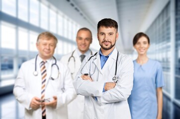 Canvas Print - Leadership, medical teamwork doctors in hospital, AI generated image