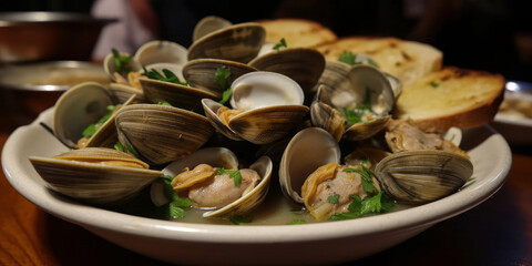 Wall Mural - Closeup of a plate of steamed clams. Generative AI.