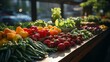 Nature's bounty spills over a vibrant display of colorful produce, enticing passersby at the lively outdoor market with a feast of fresh vegetables, nourishing superfoods, and blooming plants