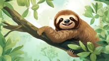 Sleeping Sloth On Tree Branch