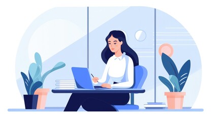 Wall Mural - Woman sitting with laptop at workplace