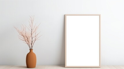 Canvas Print - Fresh Minimalism: White Background with Green Plants and Blank Picture Frame Design Template