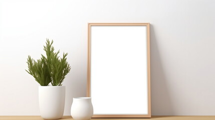 Canvas Print - Fresh Minimalism: White Background with Green Plants and Blank Picture Frame Design Template