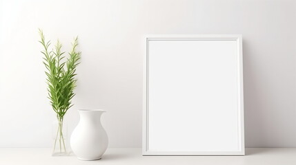 Canvas Print - Fresh Minimalism: White Background with Green Plants and Blank Picture Frame Design Template