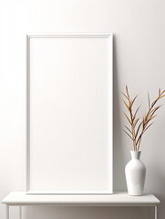 Canvas Print - Fresh Minimalism: White Background with Green Plants and Blank Picture Frame Design Template