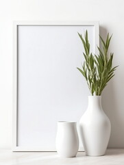 Canvas Print - Fresh Minimalism: White Background with Green Plants and Blank Picture Frame Design Template