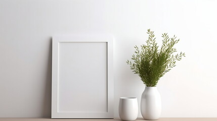 Canvas Print - Fresh Minimalism: White Background with Green Plants and Blank Picture Frame Design Template